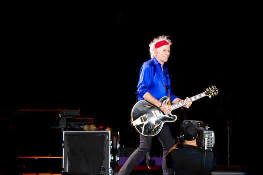 URUGUAY, Montevideo: Keith Richards of the British group Rolling Stones performs during a concert held at the Centenario stadium in Montevideo, on February 16, 2016.