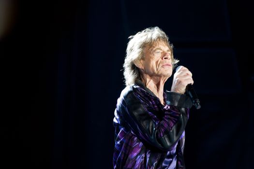 URUGUAY, Montevideo: Mick Jagger of the British group Rolling Stones performs during a concert held at the Centenario stadium in Montevideo, on February 16, 2016.