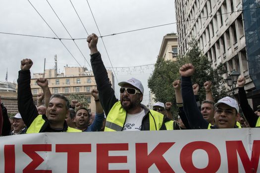   GREECE, Athens : Dock workers protest in central Athens against the selling of country's ports on February 17, 2016.Greek dock workers are on a second day of 48-hours strike to protest against the sale of the country's two biggest ports, which Athens has promised to international lenders, disrupting operations at cargo terminals.