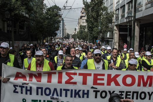 GREECE, Athens : Dock workers protest in central Athens against the selling of country's ports on February 17, 2016.Greek dock workers are on a second day of 48-hours strike to protest against the sale of the country's two biggest ports, which Athens has promised to international lenders, disrupting operations at cargo terminals.