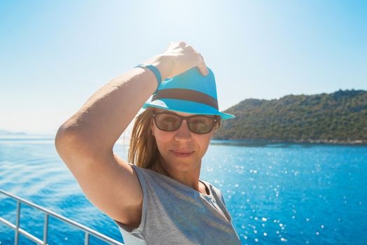 Portrait of woman on yacht at the sea, Turkey 