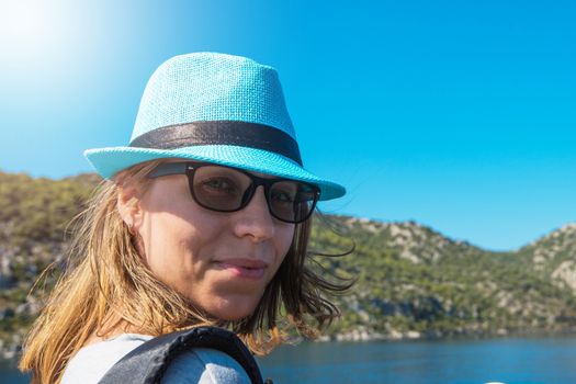 Portrait of woman on yacht at the sea, Turkey 