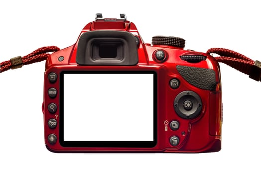 Horizontal shot of the back of a vibrant red camera with a blank screen and straps on a white background.