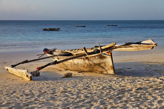 Dhow in the water ready to sail off the coast of Zanzibar
