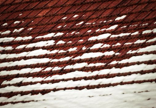 background or texture tiled roof with melting snow