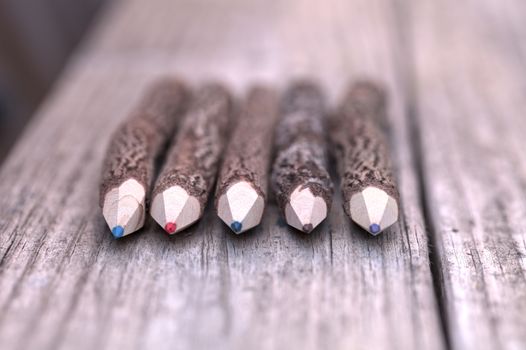 Macro view of bark covered colored pencil tips on a wood bench background