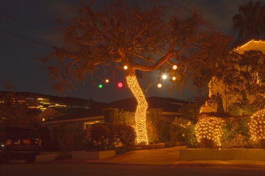 Full moon peaks through a tree with Christmas lights and balls in Laguna Beach, California.