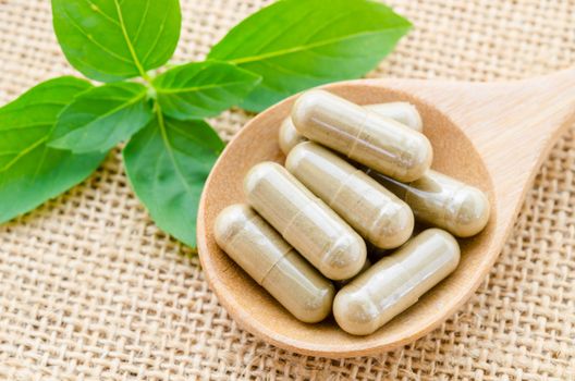 Herbal Medicine with green leaf on sack background.