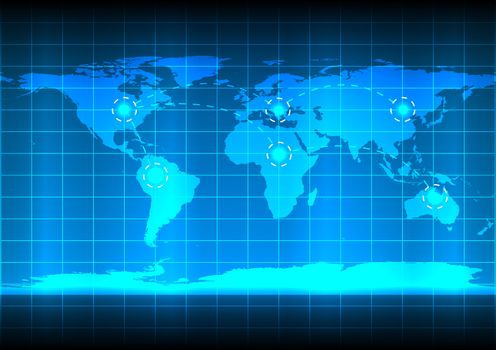world map communication network technology on blue background