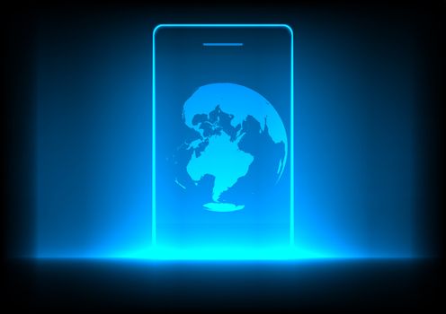 mobile phone technology and globe on blue background