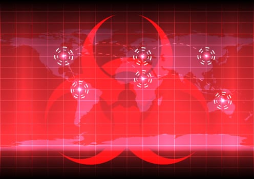 World map with bio hazard symblo  on red color background 