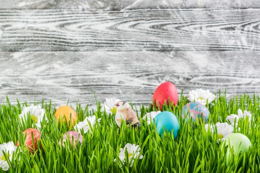 Easter eggs in grass with flower, wooden background