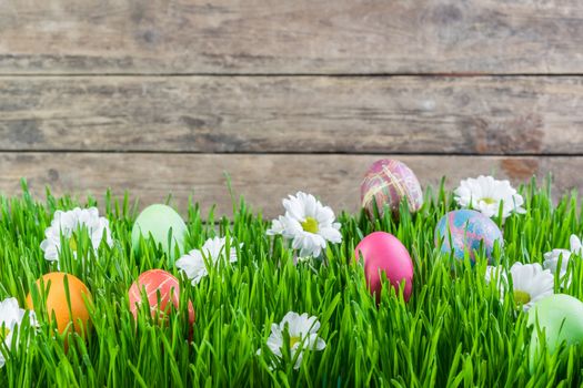 Easter eggs in grass with flower, wooden background