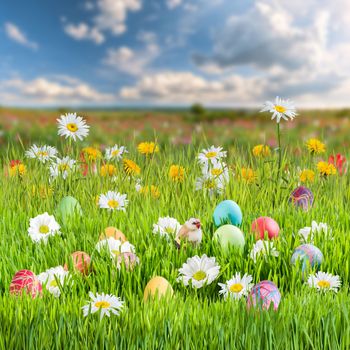 Easter holiday background with eggs and flowers
