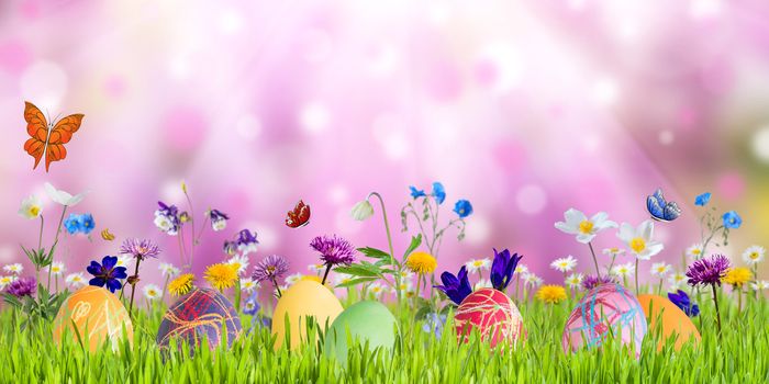 Easter nature holiday background with eggs and flowers