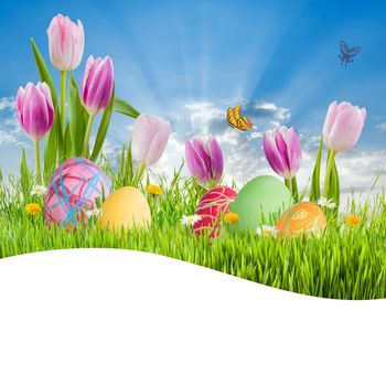 Easter nature holiday background with eggs and flowers