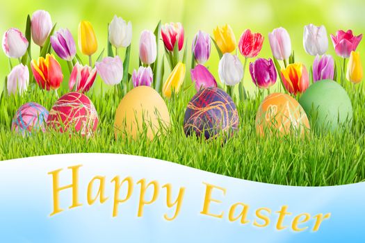 Easter nature holiday background with eggs and flowers