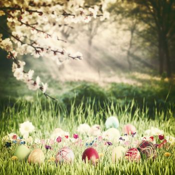 Easter vintage nature holiday background with eggs and flowers