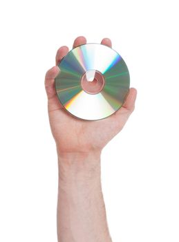 Man hand with compact disc isolated on white background