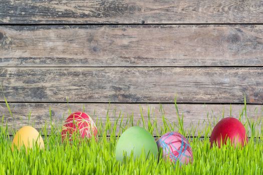 Easter background with eggs in grass and flowers, wooden backdrop