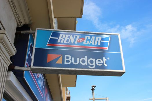 Nice, France - February 15 2016:  Budget Sign and Logo. Budget Rent a Car System is an American car rental company 