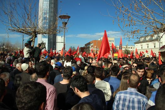 KOSOVO, Pristina: Thousands gather in Pristina on February 17,2016 for a major anti-government rally to mark their eighth anniversary of independence from Serbia.After a morning of official celebrations in the capital Pristina, including a military parade, demonstrators arrived for what opposition parties expected to be a record-breaking protest calling for the government's resignation and early elections.