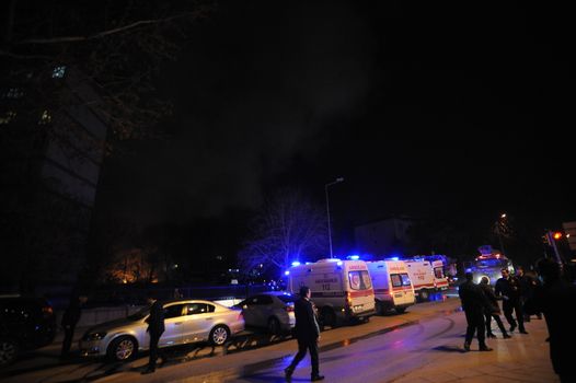 TURKEY, Ankara: Emergency responders arrive at the scene of the explosion in Ankara on February 17, 2016.28 people were killed and over 60 were wounded.