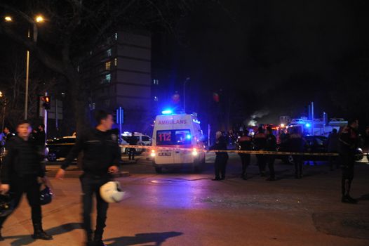 TURKEY, Ankara: Emergency responders arrive at the scene of the explosion in Ankara on February 17, 2016.28 people were killed and over 60 were wounded.
