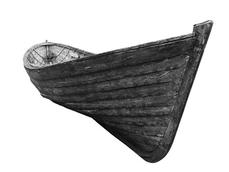 Horizontal front view of an old fishing wood boat with rusted nails isolated on white background