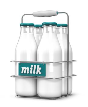 Four glass bottles of milk with light blue caps in a metal carrying case with holder and word milk written on the front isolated on white background