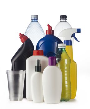 Set of plastic containers isolated on white background, ready for recycle