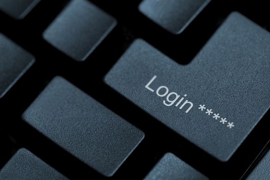 Horizontal close up of black keys on a keyboard with the word login on one of them