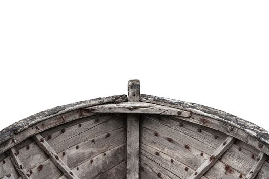 Horizontal photo of an old fishing wood boat with rusted nails isolated on white background