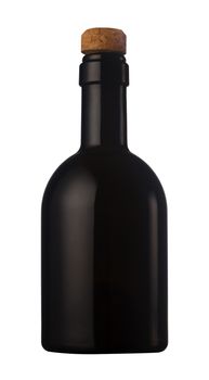 Small black wine bottle with cork isolated on white background