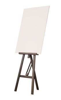 Painting wooden tripod with empty cardboard isolated on white background