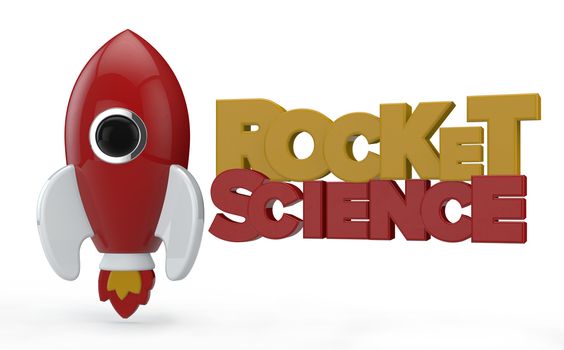 3D render of a symbolic rocket with the text rocket science. The rocket is painted in red and has white wings and red and yellow flames from its thrusters. Near it there is the text Rocket Science written in yellow and red color. All elements are isolated on white. 