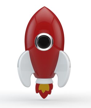 3D render of a symbolic rocket. The rocket is painted in red and has white wings and red and yellow flames from its thrusters.  In the middle of the rocket there is a chrome, black glass window. All elements are isolated on white.