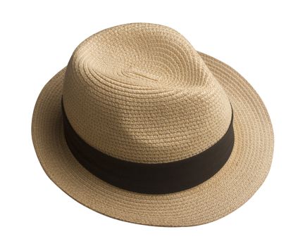 Sun textile hat with black ribbon isolated on white background