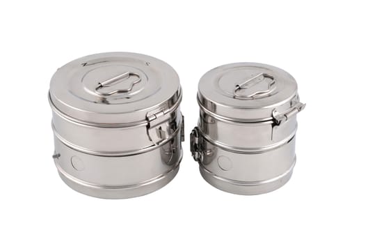 Horizontal side view of two surgical sterilizing containers isolated on white background