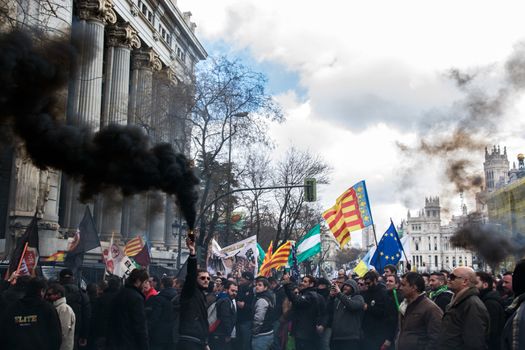 SPAIN, Madrid: Thousands of taxi drivers demonstrate against deregulation and ride-hailing companies such as Uber, in Madrid, on February 18, 2016.