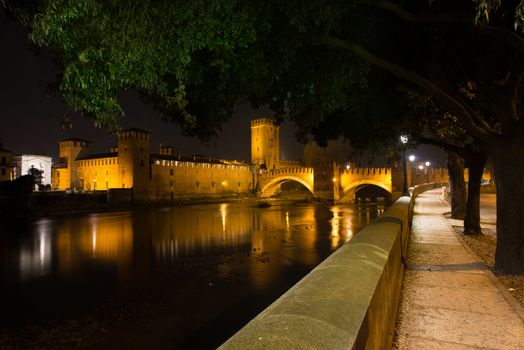 View over the illuminated medieval castle of Castelvecchio of Verona