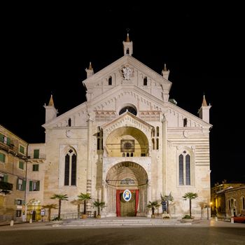 Night view of the facade of Santa Maria Matricolare, the Cathedral of Verona.