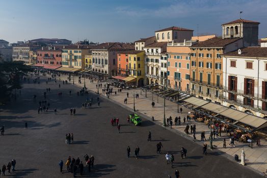 The facades of the old houses of Piazza Bra, in the heart of the old town of Verona.