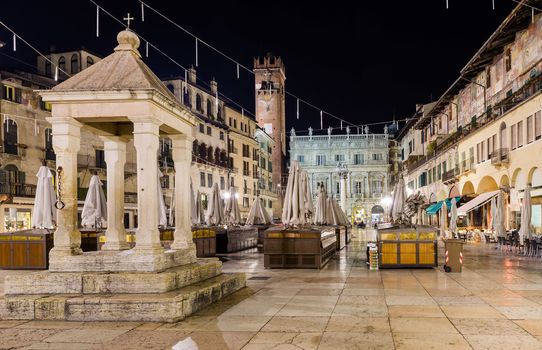 Nightview of Piazza delle Erbe, also called Market Square, where the forum was during the roman empire