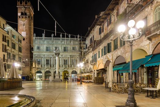 Nightview of Piazza delle Erbe, also called Market Square, where the forum was during the roman empire