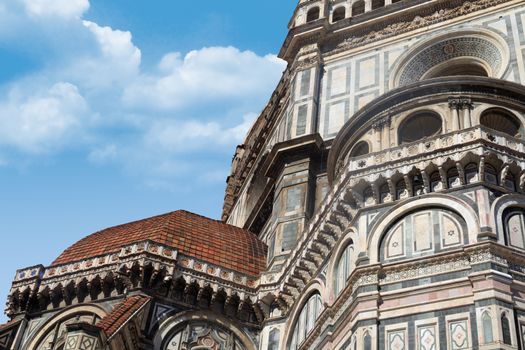 Close up detailed view of Santa Maria Del Fiore, famous Florence Duomo, with detailed sculptures of renaissance time.