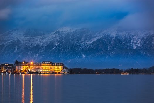ZELL AM SEE, AUSTRIA - JANUARY 05, 2016 - Grand Hotel in front of Steinernes Meer (Rocky