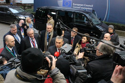 BELGIUM, Brussels: Viktor Orban, Prime minister of Hungary, talks to the press before the European Council in Brussels on February 18, 2016.