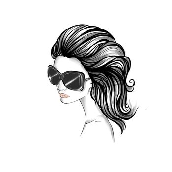 Black and White portrait of elegant woman wearing sunglasses with long wavy hair