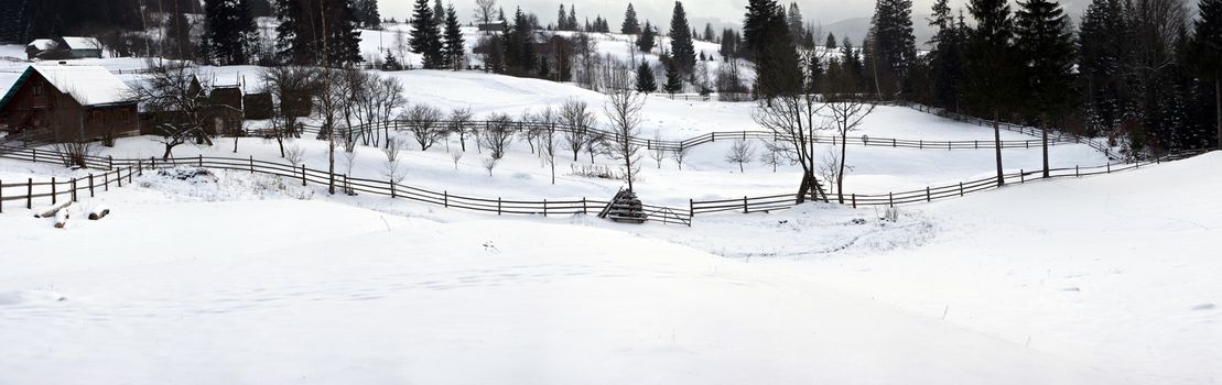 Carpathian mountain valley covered with fresh snow. Majestic landscape. Ukraine, Europe